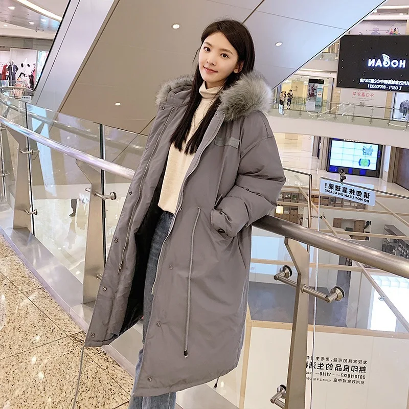 

Photo Shoot CHIC Korean-style Hooded Model Large Fur Collar Long over-the-Knee Drawstring Waist Hugging Parka Cotton Overcoat Wo