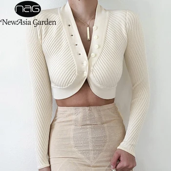 

NewAsia Green Knitted Cardigan V Neck Button Bodycon Cropped Sweater Long Sleeve Top Women Autumn Fashion Street Wear 2020 New