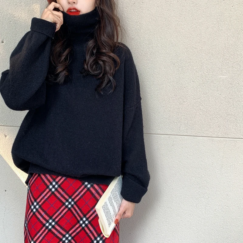 Koop Harajuku Coltrui Gebreide Trui Vrouw Herfst Losse College Stijl Lange Mouw Trui Vrouwen Solid Slim Warme Trui Dames