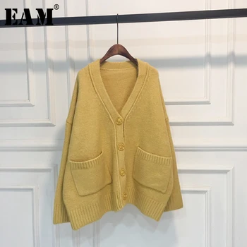 

[EAM] Pocket Big Size Knitting Cardigan Sweater Loose Fit V-Neck Long Sleeve Women New Fashion Tide Autumn Winter 2020 1W886