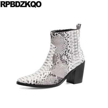 

boots 10 big size ankle snakeskin short snake chunky luxury brand shoes women square toe high heel vintage booties retro block