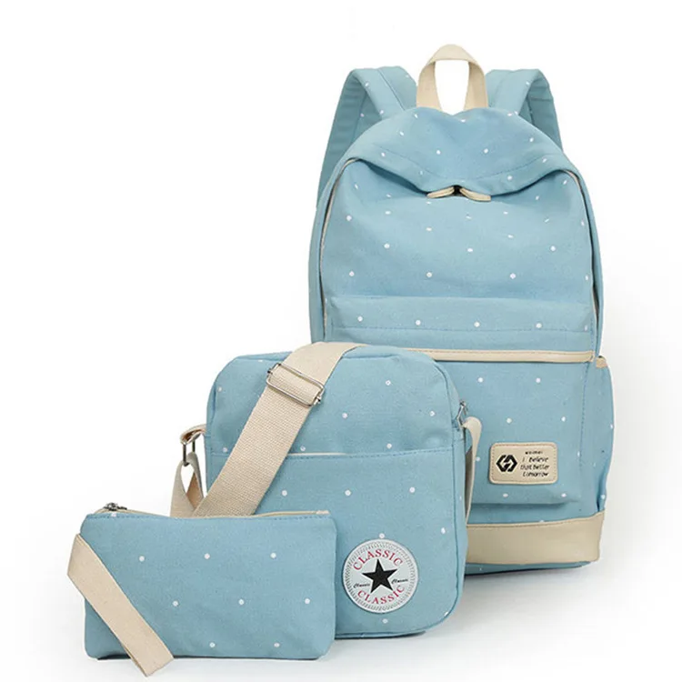 Набор из трех предметов с волнистыми точками, суб-сумка, для улицы, повседневная, тканевая, с двойным плечом, в студенческом стиле, Большой Вместительный маленький рюкзак, женский кошелек - Цвет: Sky blue