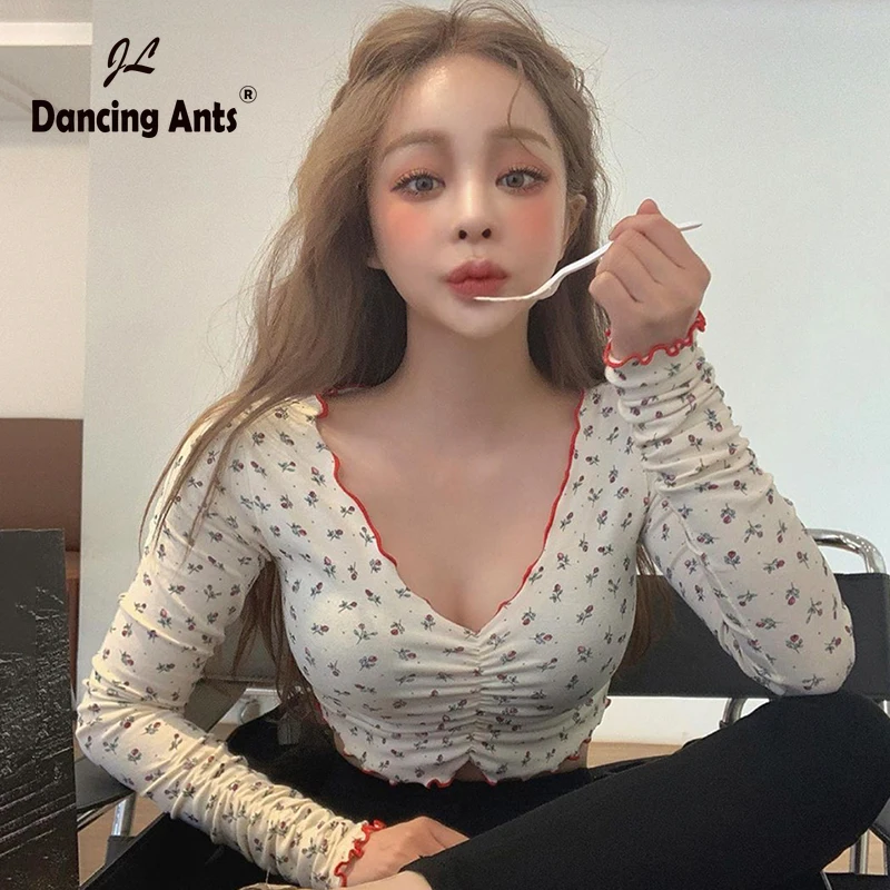 Женская футболка с глубоким V образным вырезом укороченный Топ длинным рукавом