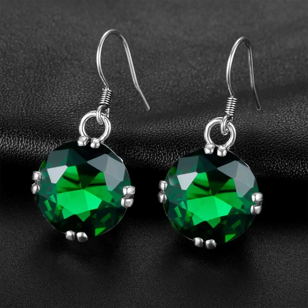 

100% Real 925 Sterling Silver Dangle Earring For Women Silver 925 Green Round Emerald Earring Wedding Gift Fashion Fine Jewelry