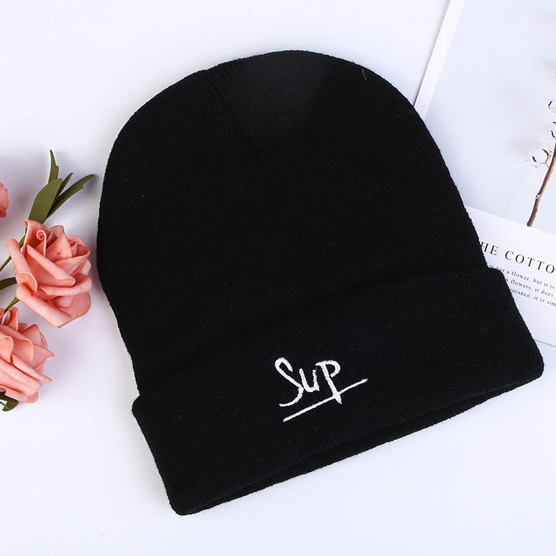 White Black Grey Simple Winter Hats for Woman Letter Sup Embroidery Knitted Caps Man Autumn Hat Female Hip-hop Beanie Bonnet - Цвет: black