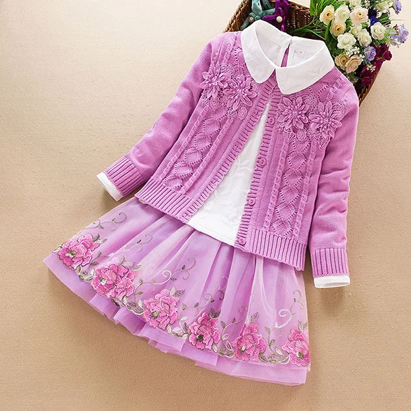 Комплекты детской одежды для девочек, осенне-зимний костюм из 2 предметов для крупных девочек, пальто-свитер+ платье, верхняя одежда, хлопковая детская одежда для 7, 8, 10, 12, 14 лет - Цвет: Purple