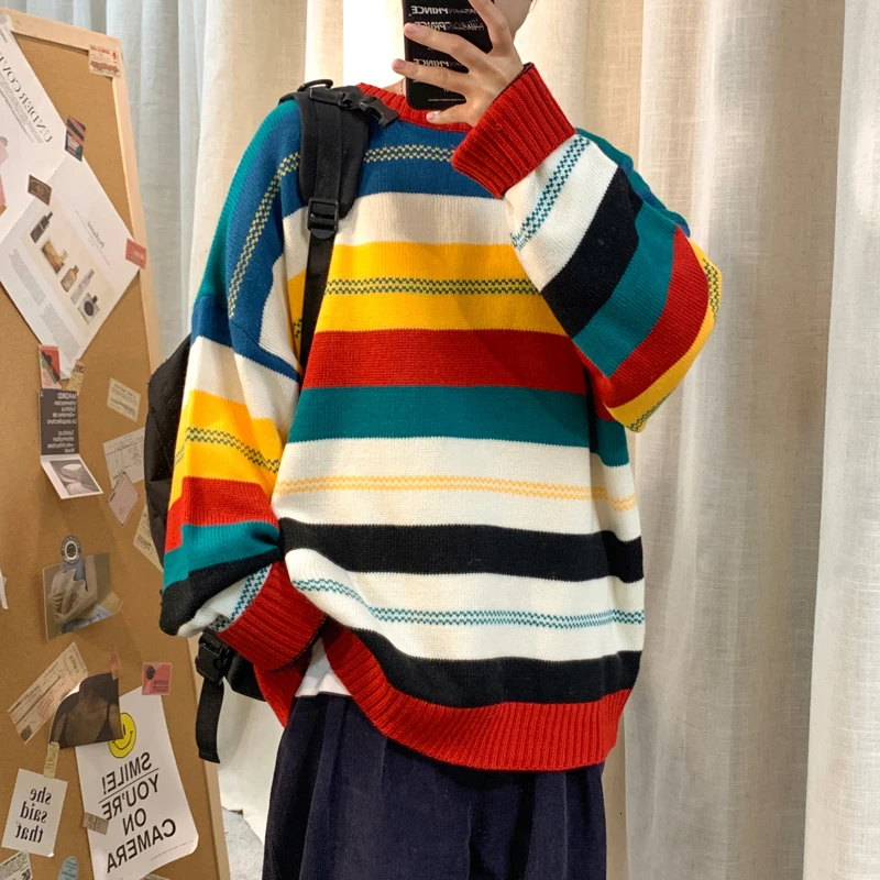 

Winter Color Striped Sweater Men's Warm Fashion Contrast Casual O-Neck Knit Pullover Man Loose Long Sleeve Sweater Male Clothes