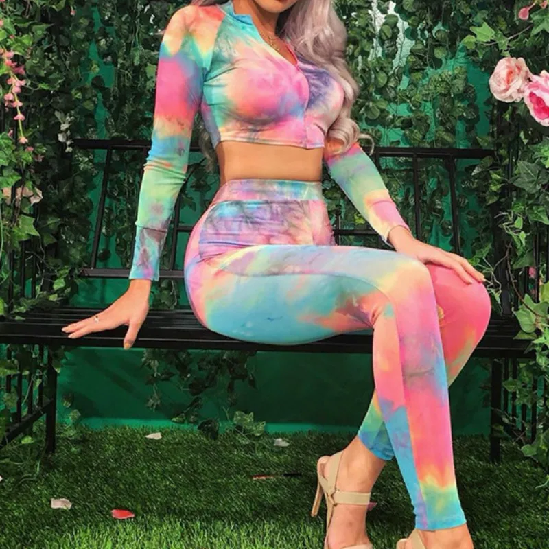 

Rainbow Colorful Zipper Autumn Women's Set Tie Dyeing Sexy Women Sets Short Crop Tops Ankle-Length Pants Sets Tracksuit GV851