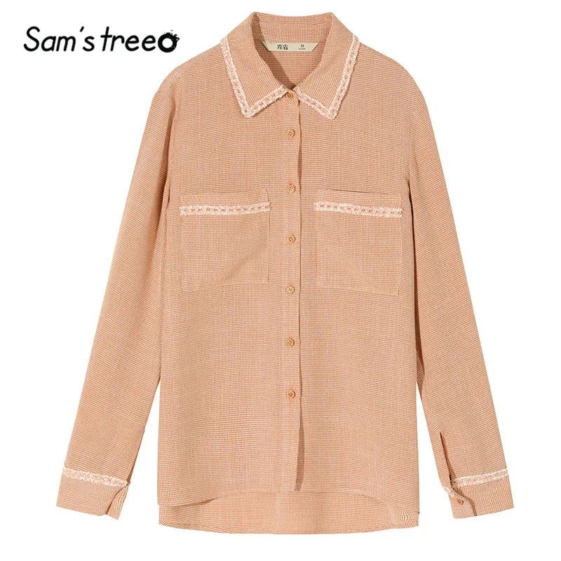 SAM'S TREE Orange Plaid Pocket Single Breasted Blouse Women Winter British Ribbon Long Sleeve Casual Office Ladies Tops