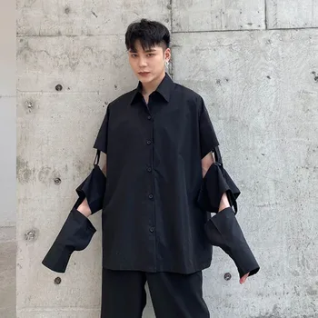 

Men Removable Long Sleeve Casual Loose Shirts Male Japan Style Streetwear Vintage Fashion Black Shirt