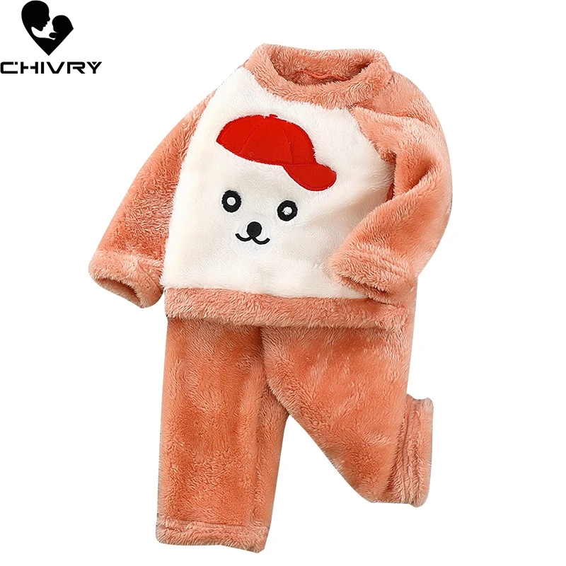 

New 2020 Kids Boys Girls Pajama Sets Cartoon Flannel O-neck Tops with Pants Baby Winter Thicken Keep Warm Sleeping Clothes Sets