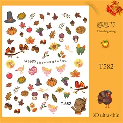 1pcs T2 Series autumn winter Nail sticker Maple Leaf Turkey Squirrel Mushroom For Nails  Adhesive Decals Nail Art Decoration