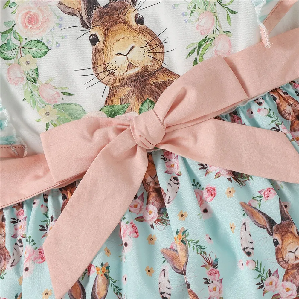 Prowow 2-6Y Easter Dresses For Girls Belted Rabbit Dress Festival Holiday Kids Easter Clothes Summer Toddler Girl Dresses baby girl doll skirt