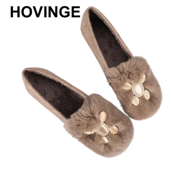

HOVINGErabbit fur shoes Women's Ballet shoes flock strass oversized winter slippers Slip on women's sandals shoesE058
