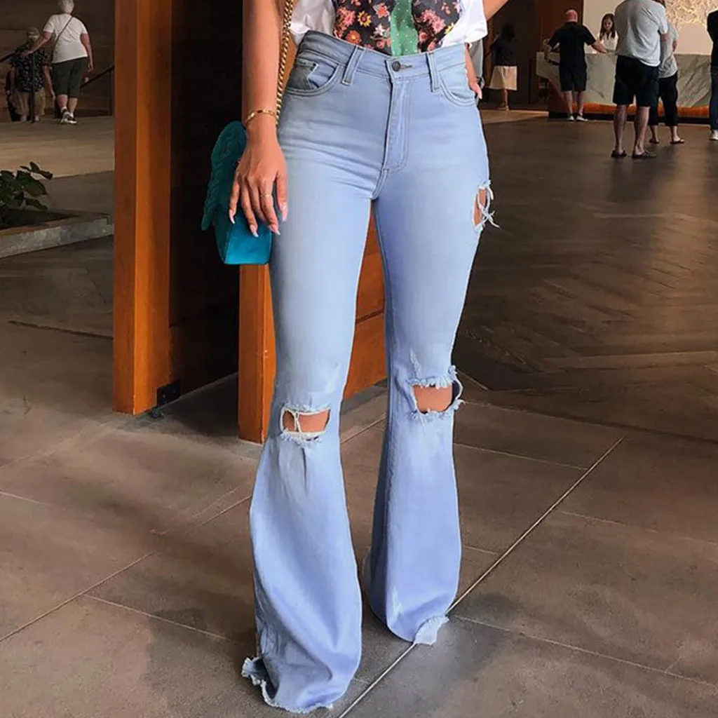 

Women Sexy Jeans High Waist Mujer Fashion Hole Jeans Denim Button Tassel Pants Trousers Bell-bottom Ladies Pants Streetwear 7.31