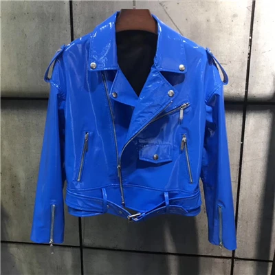 Coat blue Женская куртка из натуральной кожи ярких цветов; куртка из натуральной овчины; сезон весна; Новинка; Модный комплект из лакированной кожи с юбкой - Цвет: Coat blue