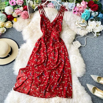 

2020 Summer New women strap v collar flower print cross back waist chiffon fairy A-line dress female sling elegant beach dresses