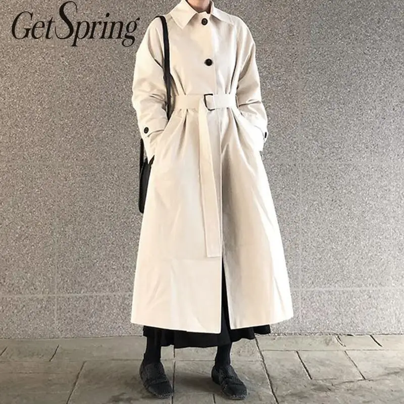 GetSpring женский длинный Тренч длинный рукав однобортный женский ветровка темперамент на шнуровке женские длинные пальто черный осень