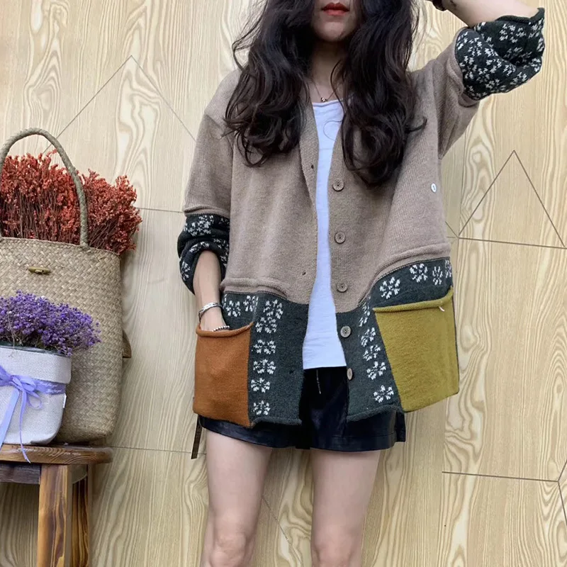

Women Sweater Loose Knitting Autumn Winter Retro jackets Tops 2019 New Casual Panelled pocket Ladies All-match Sweater Coat