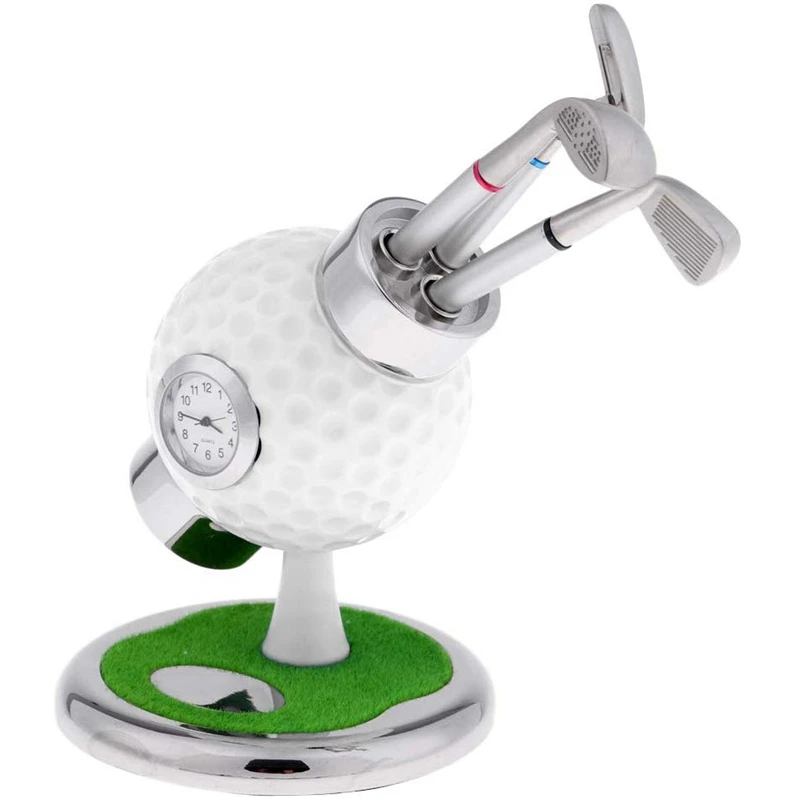

Golf Ball Pen Stand with 3 Pens & Mounted Clock, Mini Desktop Golf Pencil Holder, Home Office Desk Ornaments, Great for Golfer S