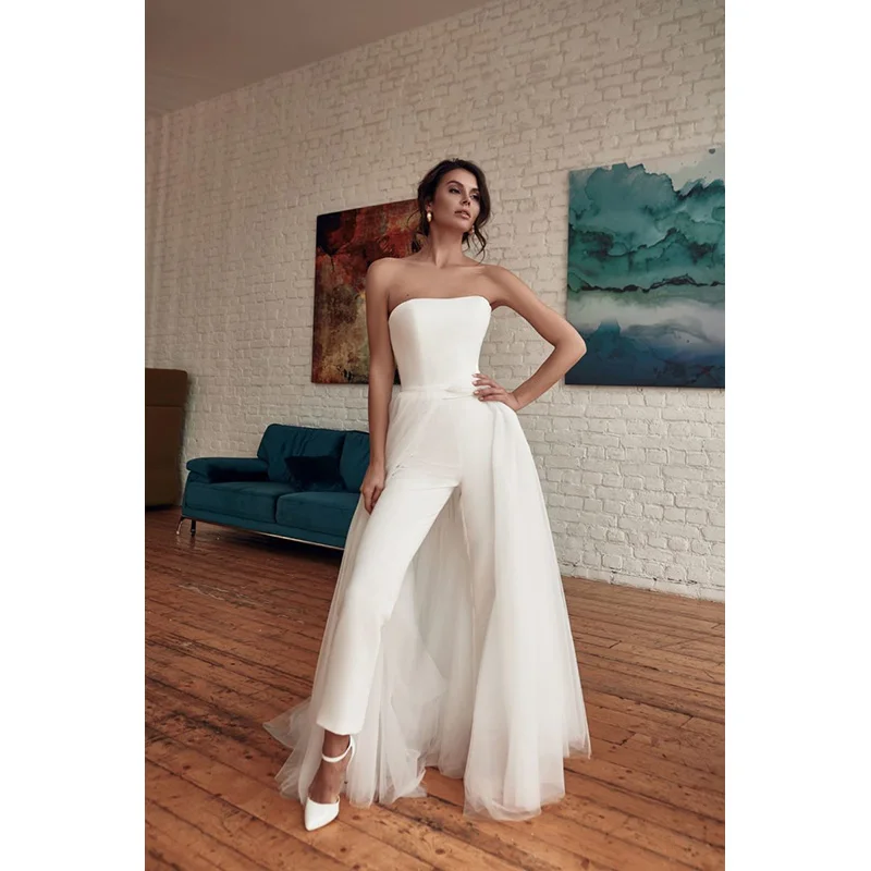 Strapless Women Jumpsuit Long Elegant with Mesh Dress White Bodycon Jumpsuit for Party Wedding Fashion Womens Overalls 2021