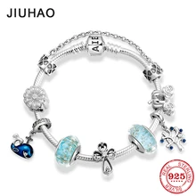 Новинка, 925 пробы, Серебряный женский браслет, цветок, бусины, браслеты, стеклянные бусины, браслет с подвеской, Женские Ювелирные изделия