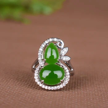 

Natural Green Hetian Jade 925 Silver HULU Ring Chinese Jadeite Amulet Fashion Charm Jewelry Hand Carved Crafts Gifts