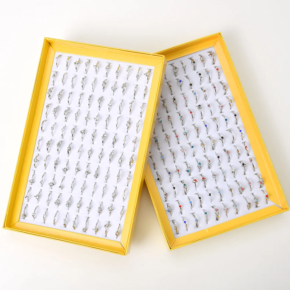 100pcs/Lots Crystal Metal Finger Jewelry Rings For Women Party Gift Wedding Band Size 6 to 9