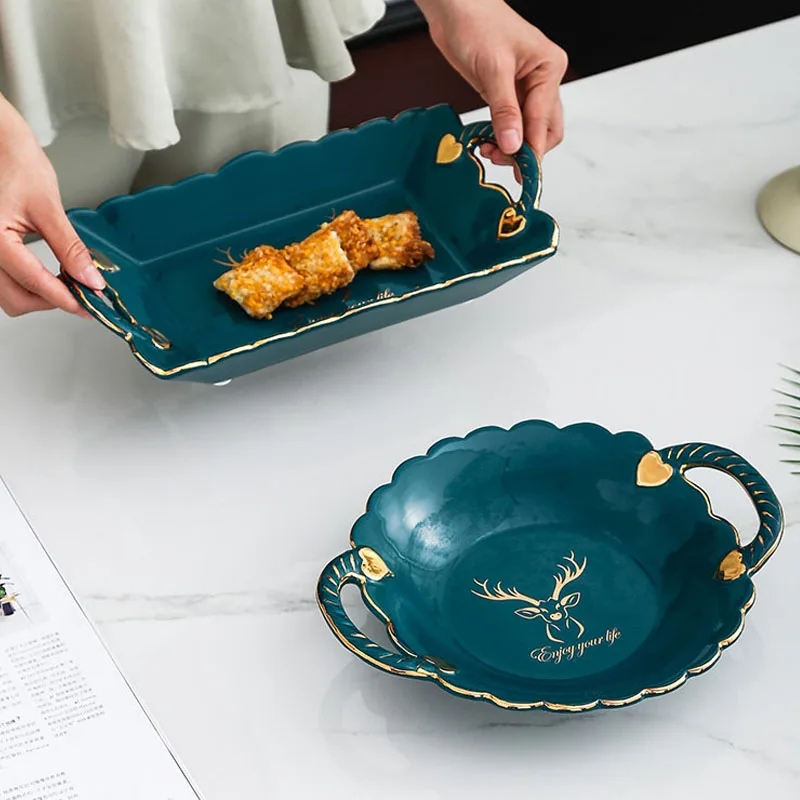 JINSERTA Ceramic Serving Tray Dessert Fruit Snack Nuts Plate Luxury Gold Inlay Salad Sushi Plate with Handle Home Decor Tray