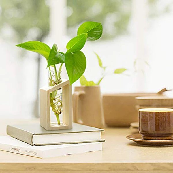 

Hot Sale Crystal Glass Test Tube Vase in Wooden Stand Flower Pots for Hydroponic Plants Home Garden Decoration