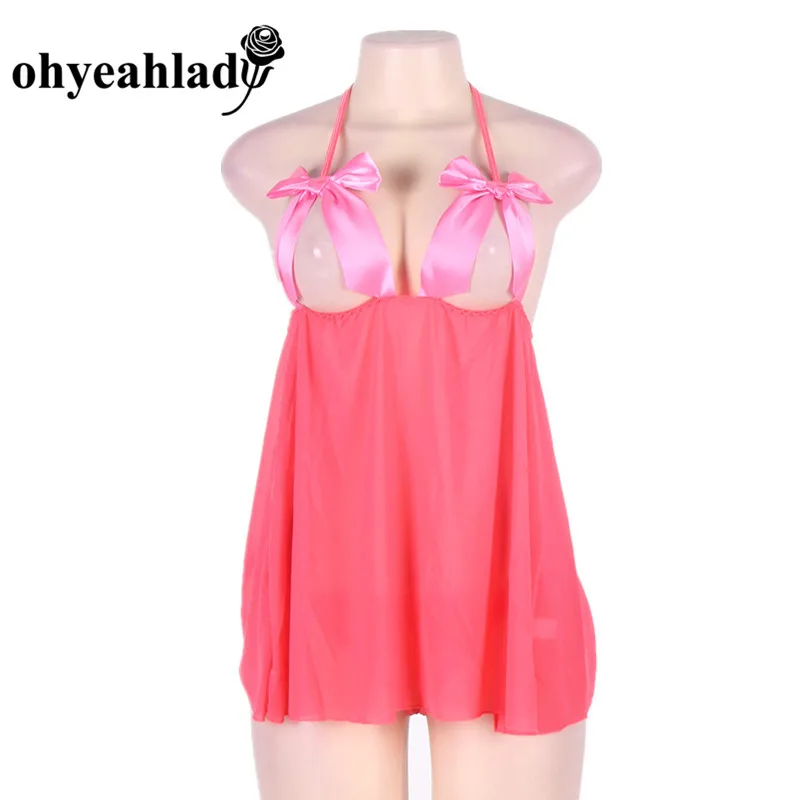 Ohyeahlady Ночная сорочка с открытой чашкой, одежда для сна с открытой спиной, сексуальная Детская кукла Mujer, прозрачная, экзотическая, женская, очаровательная, атласная, с бантом, RJ70349