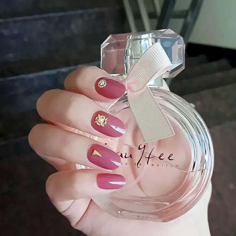 Nusx 24pcs Shiny Pink Fake Nails Art Decoration Bride Short Round Head Pure Color False Nail 4