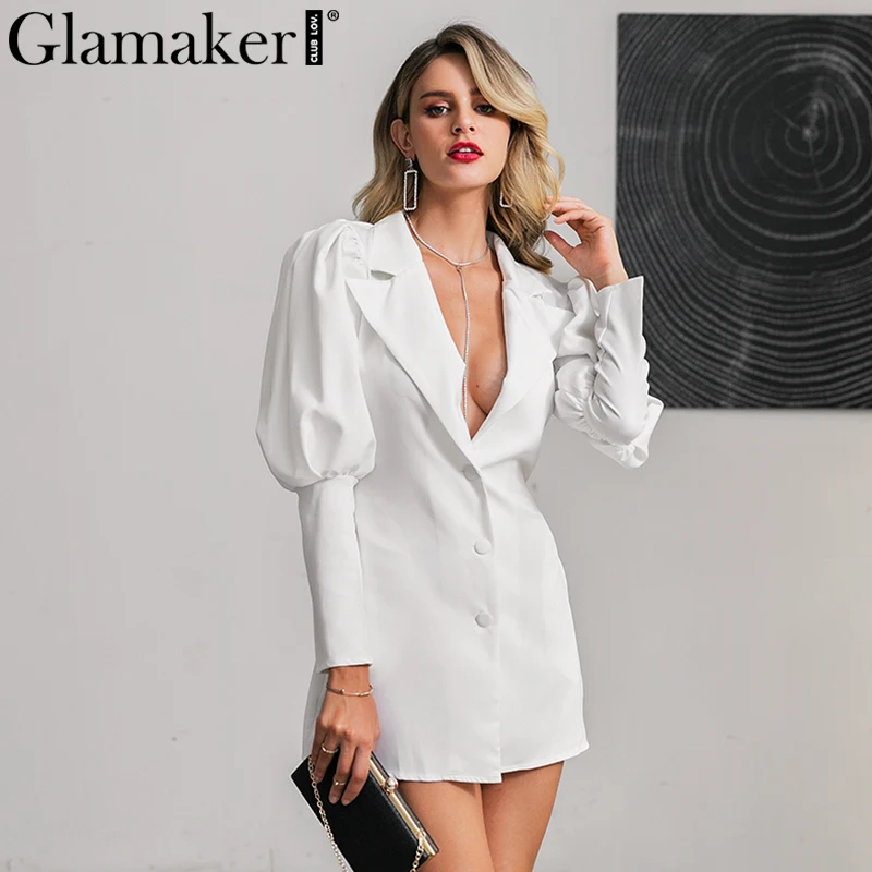 Glamaker белое длинное облегающее платье с пышными рукавами женские зимние Сексуальные вечерние элегантное платье для клуба осеннее Короткое женское платье с v-образным вырезом