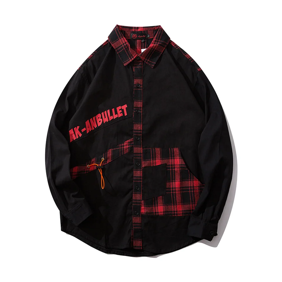 Мужская клетчатая рубашка, Camisas Hombre, прошитая, оригинальная, уличная, негабаритная, с принтом, прошитая, мужская клетчатая рубашка - Цвет: Красный