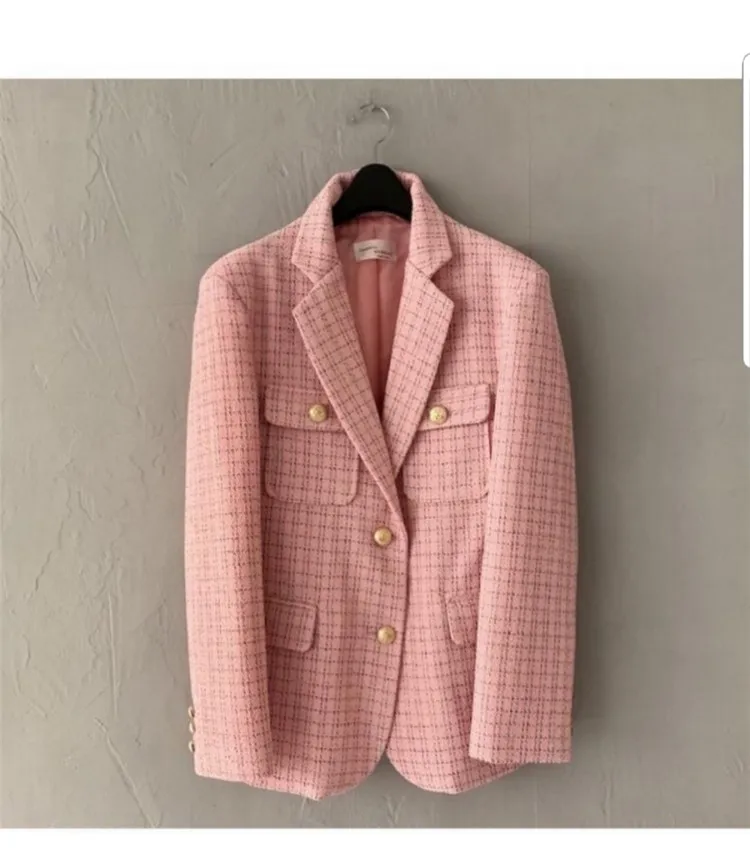 pink Женский твидовый в клетку Блейзер осенний однобортный твидовый пиджак с длинными рукавами офисный Женский Повседневный блейзер в клетку на кнопке Femme - Цвет: pink