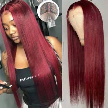 

13X1 99J Part Lace Human Hair Wigs Brazilian Straight Lace Wig Burgundy Middle Part Colored Red Transparent Lace Wigs 180% Remy