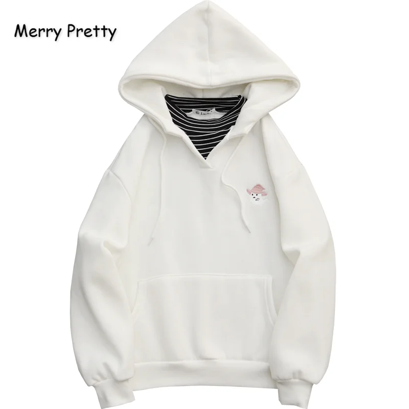 MERRY PRETTY женские толстовки с капюшоном мультфильм вышивка полосатый лоскутный толстовки зима плюс бархат пуловер Свободный спортивный костюм