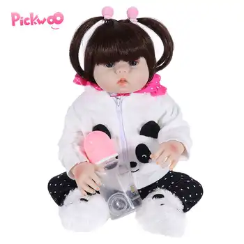 

Pickwoo 48CM Bebes Doll Reborn Toddler Doll Girl in Panda Dress Full Body Soft Silicone Realistic Baby Bath Toy Anatomically