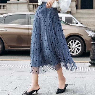 new autumn dot mesh skirt maxi women pleated pink skirts velvet winter long skirts for ladies streetwear jupe mujer