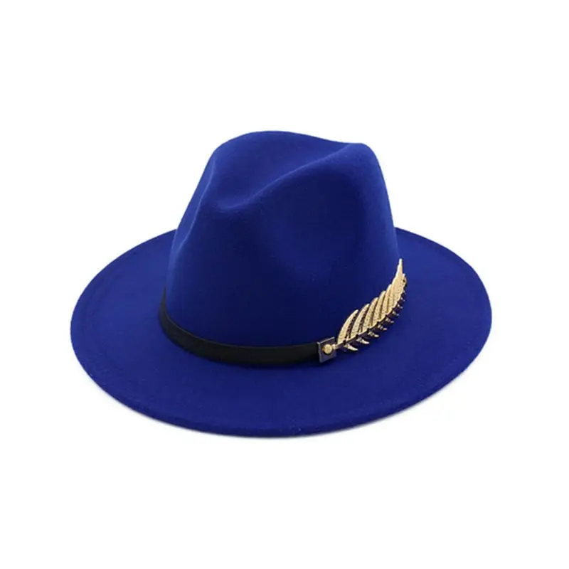 Женская зимняя Fedoras джазовая Кепка из искусственного войлока с металлическим листком, плоская шляпа с широкими полями - Цвет: Синий