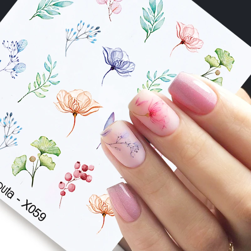 Harunouta Spring Water Nail Decal And Sticker Flower Leaf Tree Green Simple Summer Slider For Manicuring Nail Art Watermark