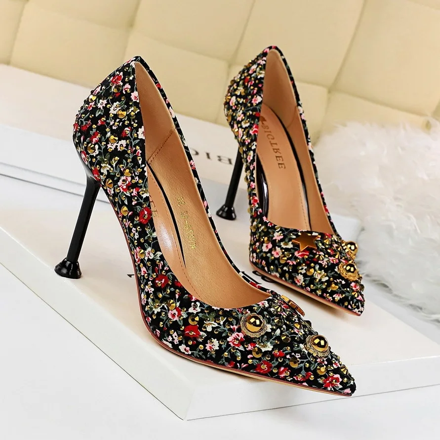 

278-12 High Heel Pointed Retro Color Matching Cloth Low-Cut Europe And America Slimming Retro Shoes Banquet Rubber Man-made Diam