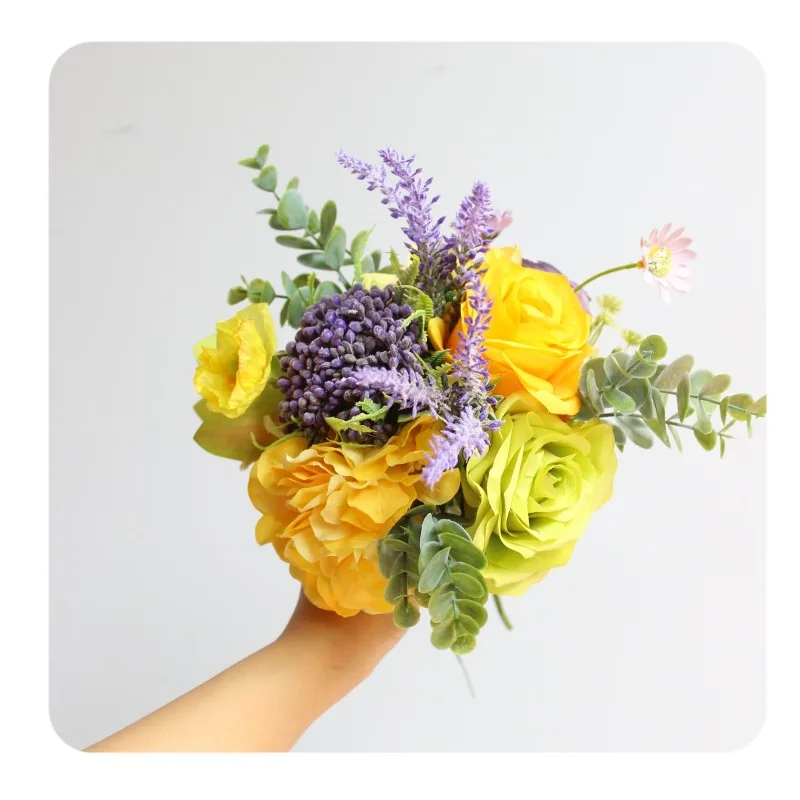 Wedding Bouquet Artificial Silk Flower European style Bridesmaid Bouquet Golden Yellow and Purple Flowers Wedding Decoration