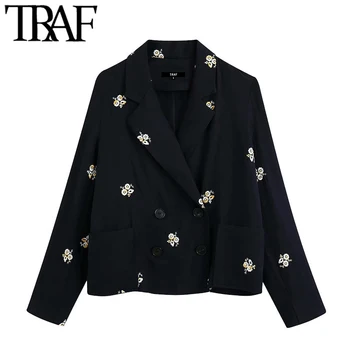 

TRAF Women Fashion Double Breasted Floral Embroidery Blazer Coat Vintage Long Sleeve Pockets Female Outerwear Chic Tops