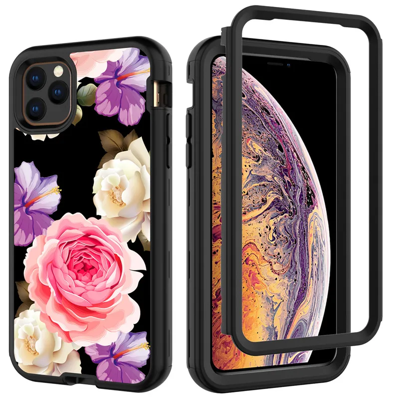

Front&Back 360 Full Body Protective Case For iPhone 11Pro max Marble Flower Electroplate Glitter Hybrid TPU+ Rubber Hard Rugged