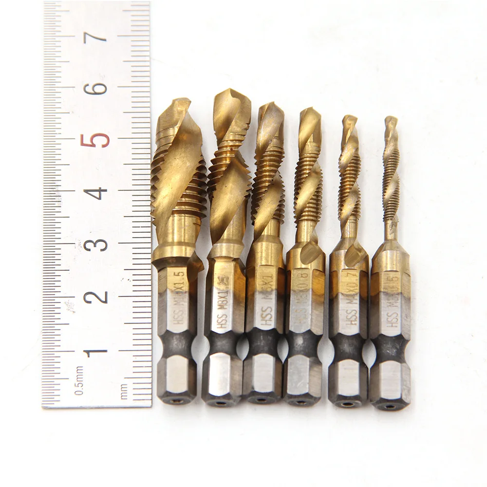 Akozon Tap 6pcs Metric Thread M3-M10 Titanium Coated HSS Drill and Bits 1/4 Hex Shank