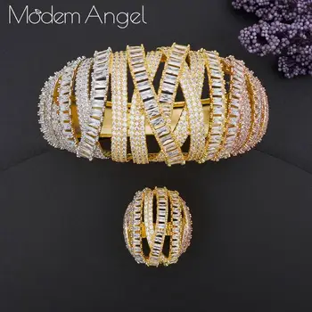 

ModemAngel Hot Charms 2PCS Africa Bangle/Ring Set For Women Geometry Dubai Jewelry Set Cubic Zircon Nigeria Wedding Jewelry Sets