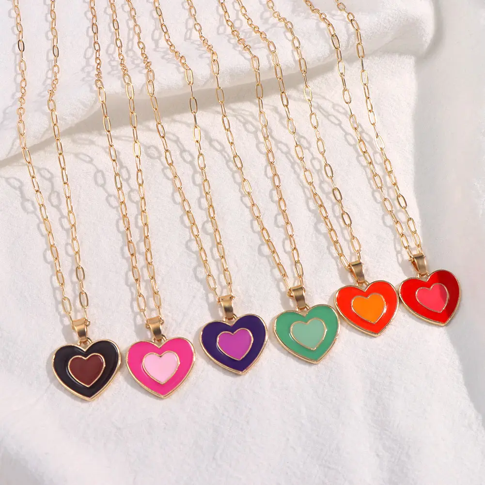 Flatfoosie Trendy Y2K Double Layer Heart Pendant Necklace for Women Colorful Dripping Oil Metal Choker Jewelry | Украшения и