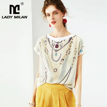 

100% Silk Women's Blouse O Neck Short Sleeves Printed Fashion Casual High Quality T Shirts