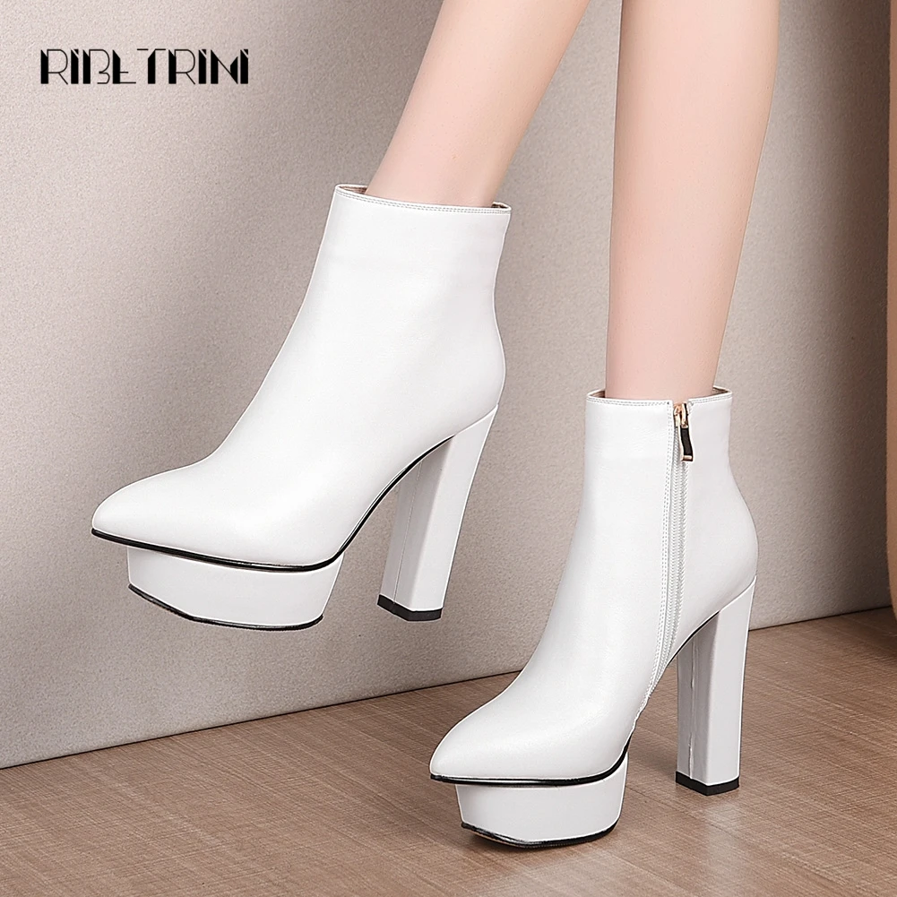 

RIBETRINI Fashion Platform High Heels Ankle Boots Women Genuine Leather Shoes Boots Women Party Club Female Boots Ladies Shoes